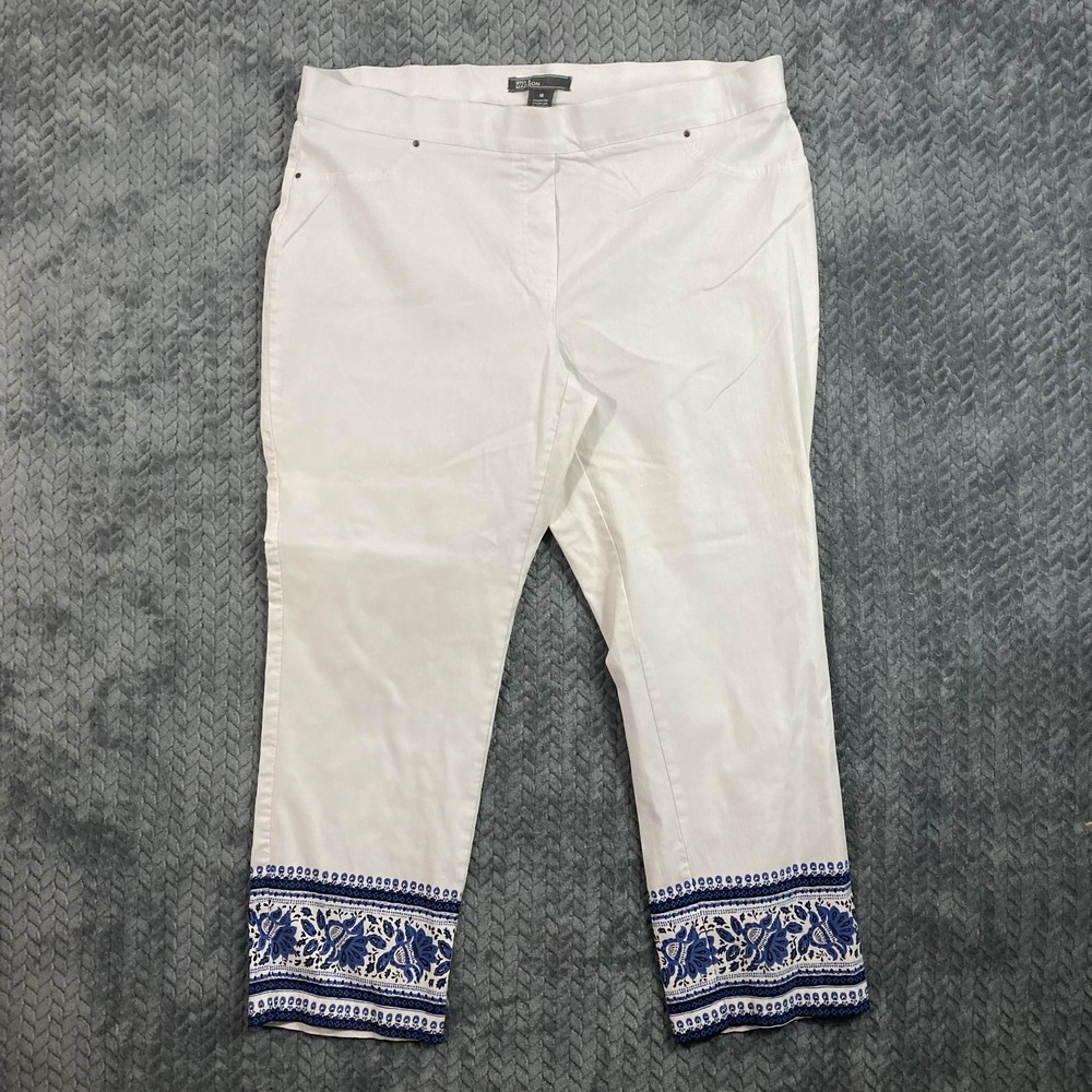 89th & Madison Womens 16 Ankle Tapered Pants Pull-On White Blue Floral Pattern